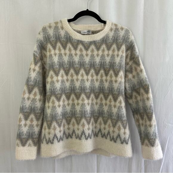 Calvin Klein Women's Eyelash Knit Fair Isle Sweater In Porcelain Size Medium - Picture 2 of 9